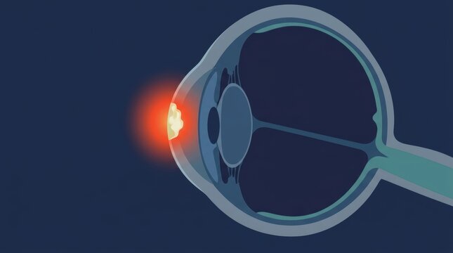Medical illustration of a human eye cross section showing a corneal ulcer or infection spot