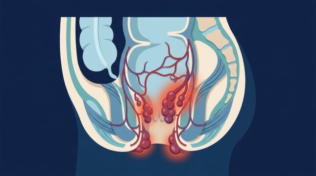 Medical illustration of human hemorrhoids showing internal and external vascular inflammation