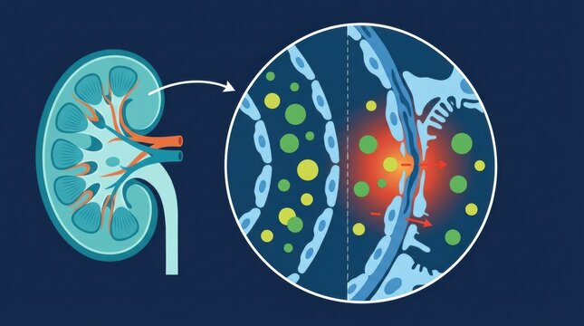 Medical illustration showing kidney anatomy and microscopic filtration process in detail