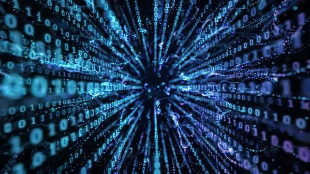 Floating binary numbers with glowing particles on black background, digital data code animation, futuristic technology video overlay template