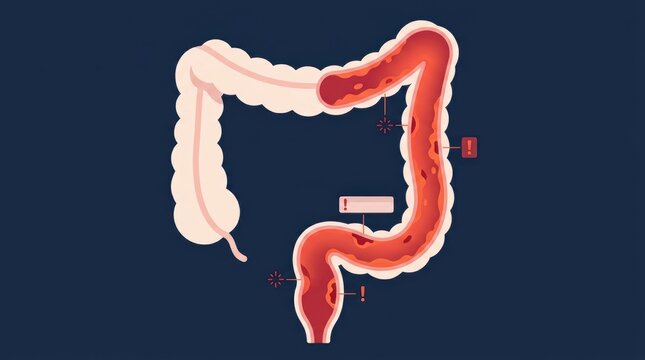 Medical illustration of human colon showing inflammation and signs of digestive tract disease