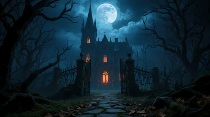 Fototapeta premium Gothic black castle under full moon