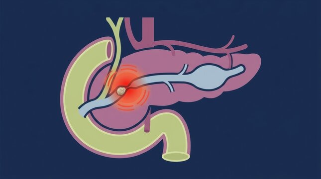 Medical illustration of a pancreatic duct obstruction caused by a stone in the human anatomy