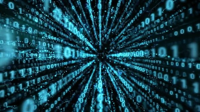 Floating binary numbers with glowing particles on black background, digital data code animation, futuristic technology video overlay template