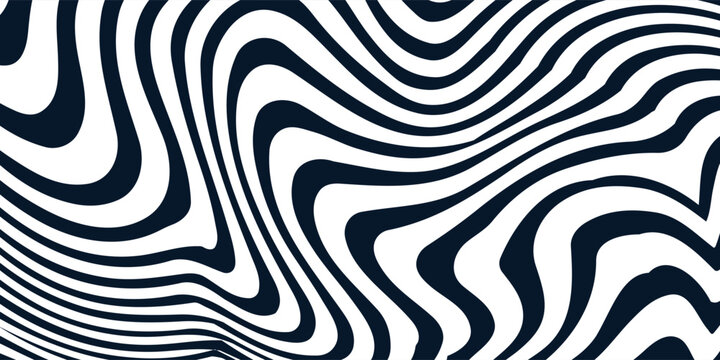 Black and white striped liquid paint effect vector seamless pattern. Wavy psychedelic background of moving liquid. Modern zebra backdrop. Groovy 1970s style.