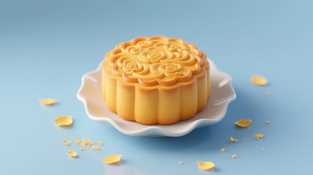 Golden cantonese mooncake on blue background