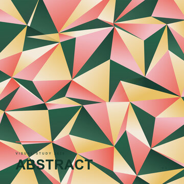 Artistic geometric background, featuring a complex, mosaic of triangles, in forest green, soft pink, and, creamy yellow tones, for modern