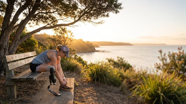 Active woman with prosthetic blade leg sitting on park bench tying running shoes at sunrise overlooking the ocean coastal landscape.