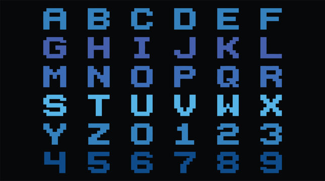 Retro Pixel Art Alphabet and Numbers Vector Set: 8-Bit Blue Cyan Font, Letters A-Z and Digits 0-9 for Video Game Design, Arcade Tech, and Cyberpunk Graphic Elements