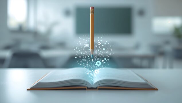 Generative AI a pencil floating above an open book with digital effects