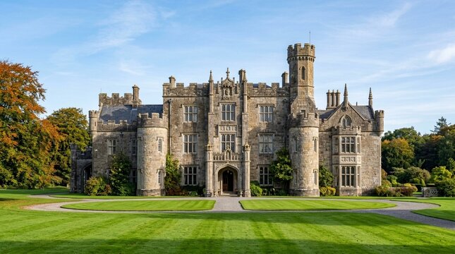 Historic Stone Castle Estate, Lush Green Lawns, Autumn Foliage, Clear Blue Sky