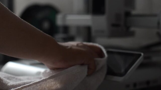 Human hand cleaning touch screen display monitor on modern machine device with soft white cloth