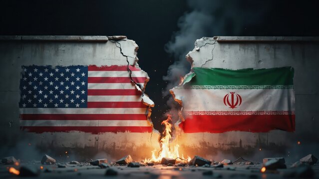 Cracked concrete wall displaying flags of United States and Iran separated by burning fire flames brightly