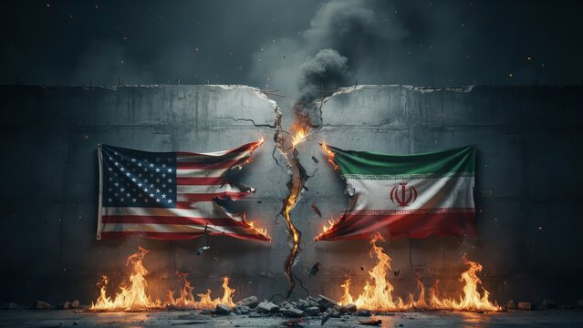 American and Iranian national flags hanging on a damaged concrete wall surrounded by intense burning flames