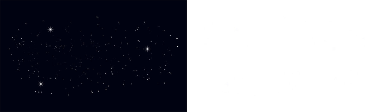 Night sky with glowing stars and constellations, sparkling celestial background with twinkling stars in deep space isolated on transparent background