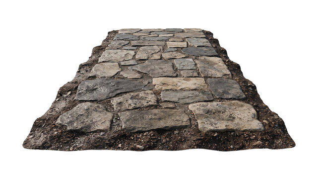 Weathered ancient stone path section with irregular grey flagstones and dark soil isolated on a white background