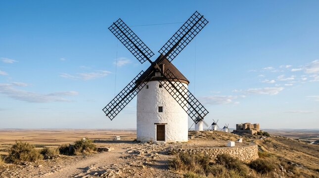 Historic Windmill on Hilltop, Castilla-La Mancha, Spain - Rural Landscape