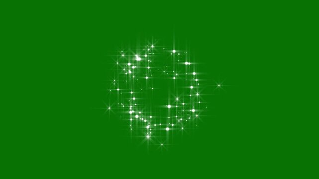 Shimmering glitter particles forming a magical star trail, twinkling light rays, glowing dust burst and sparkle transition, smooth seamless 4k loop on pure green screen background