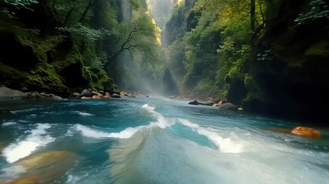 Turquoise mountain river flowing through a lush forest gorge toward a misty waterfall, with sunlight, moss covered rocks, and rippling clear water in a natural landscape