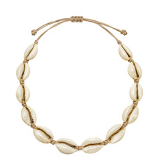 Obraz premium Beautiful handmade cowrie shell necklace with natural beige cord, featuring an adjustable knot, isolated on a clean white background