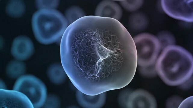 Abstract glowing biological cell with intricate internal structures, microscopic view.