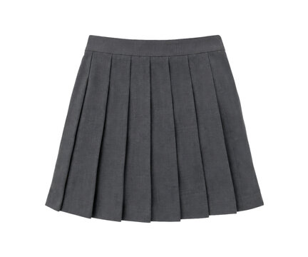 Classic gray pleated mini skirt with a structured waistband, neatly folded and isolated on a clean white background