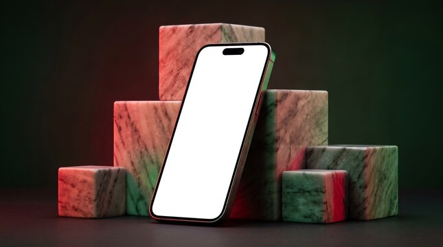 Blank Smartphone Mockup with White Screen on Wooden Table Top View