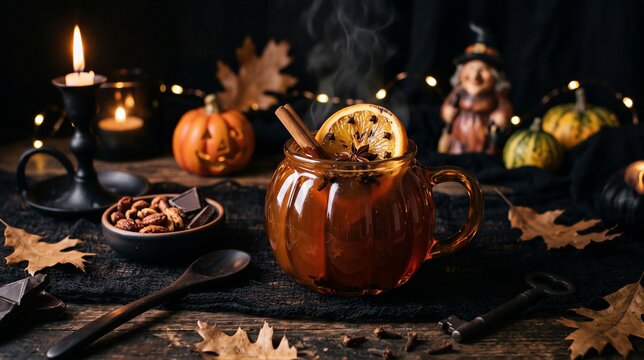 Steaming spiced punch fills a glass mug beside Halloween treats. Candles, pumpkins, leaves, and a scarecrow decorate the dark table. Seasonal party menu inspiration.