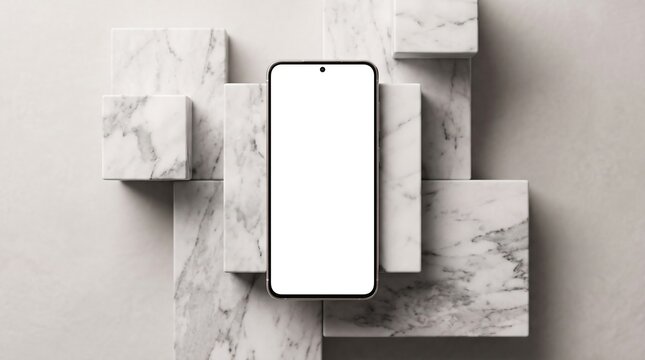 Blank Smartphone Mockup with White Screen on Wooden Table Top View