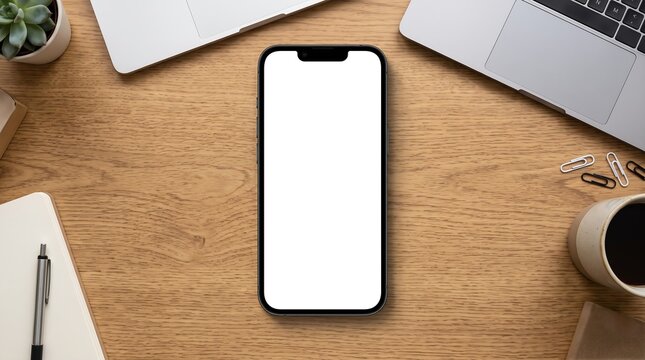 Blank Smartphone Mockup with White Screen on Wooden Table Top View