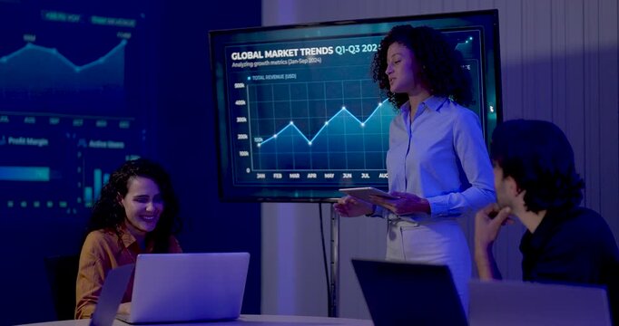 Adult female presenter gestures beside digital market dashboard while seated female and male colleagues respond, smile, and point toward chart during collaborative business intelligence presentation.