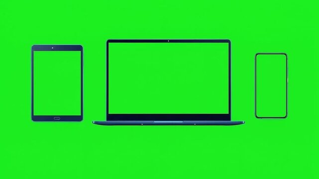 Multi Device Mockup of Laptop Tablet and Smartphone with Green Screen Displays Isolated on Chroma Key