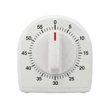 White plastic kitchen timer with a red indicator is set to zero, isolated on a clean white background