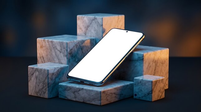 Blank Smartphone Mockup with White Screen on Wooden Table Top View