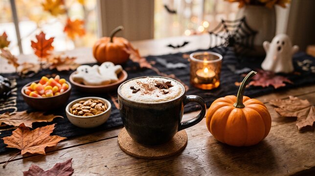 Pumpkin spice drink sits beside candy corn and ghost cookies. Autumn leaves, a candle, and spiderweb decor frame the Halloween table. Seasonal menu inspiration for celebration.