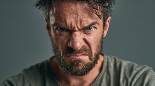 Angry bearded man portrait showing intense frustration and emotion in a close-up studio headshot