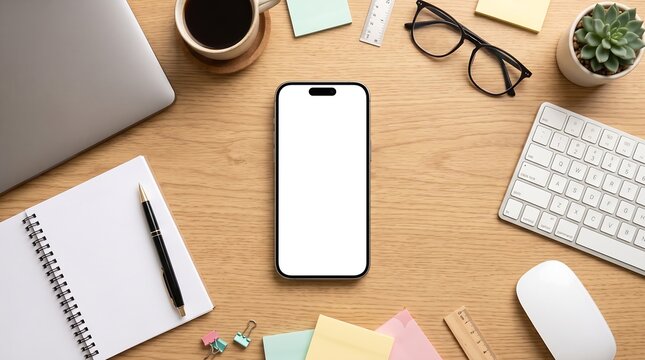 Blank Smartphone Mockup with White Screen on Wooden Table Top View
