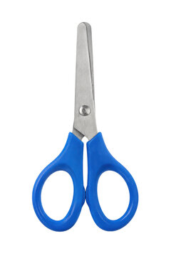 Single pair of blue-handled children's safety scissors with blunt metal blades, captured vertically on a clean white background