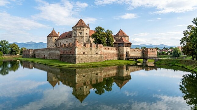 Medieval Fortress reflected in moat water, historic castle, Europe, travel destination