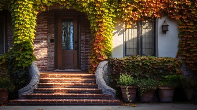 Brick house entrance with stone stairs and autumn ivy covered facade.