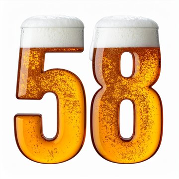 Beer Glass Shaped as Number 58 with Foam and Bubbles on White Background for Birthday and Anniversary Celebration
