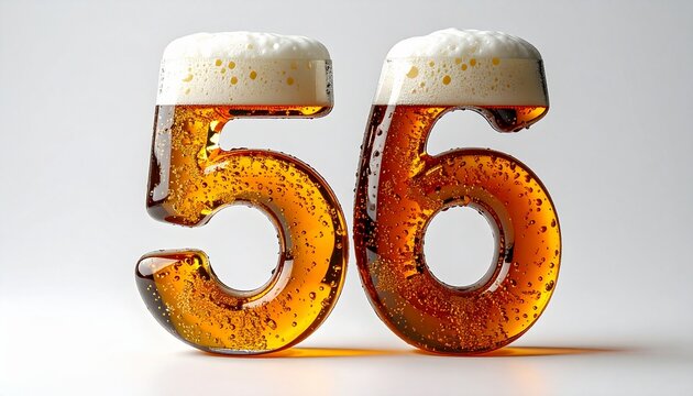 Beer Glass Shaped as Number 56 with Foam and Bubbles on White Background for Birthday and Anniversary Celebration