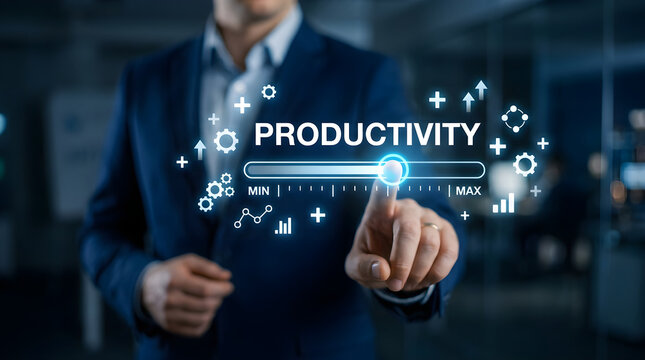Productivity Workflow Optimization Concept with Businessman Adjusting Digital Interface in Office