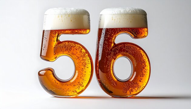 Beer Glass Shaped as Number 56 with Foam and Bubbles on White Background for Birthday and Anniversary Celebration