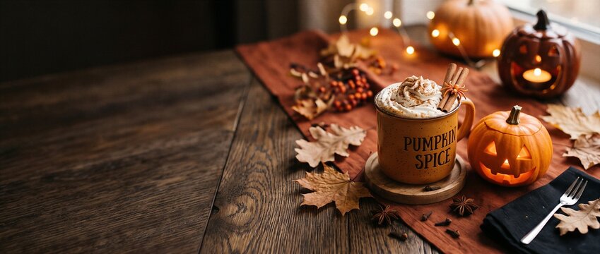 Pumpkin spice drink with whipped cream sits beside a glowing jack o lantern. Autumn leaves and candles decorate a rustic table. Cozy Halloween menu scene with copy space.