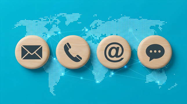 Global Communication Channels Concept with Wooden Discs on Digital World Map Background