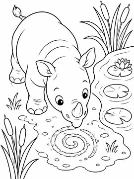 Cute cartoon baby rhino drawing spiral in mud near pond, kids educational zoology activity book coloring page vector