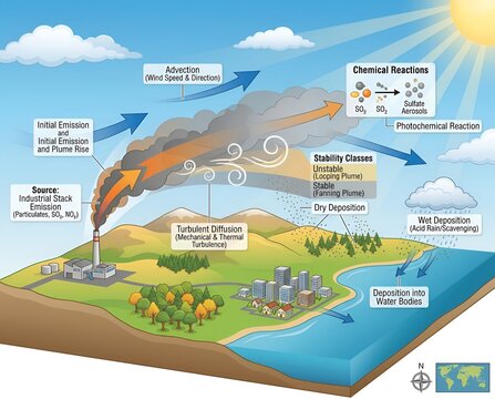 Infographic illustration demonstrating air pollution dispersion from industrial stack emissions and chemical reactions