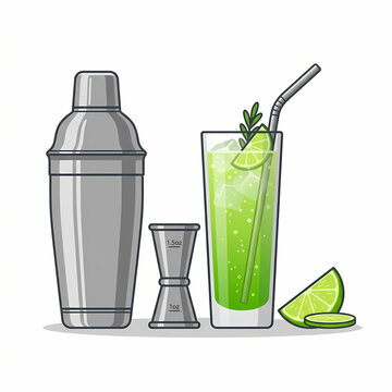 Vector illustration of a cocktail shaker jigger and a refreshing lime drink with ice.