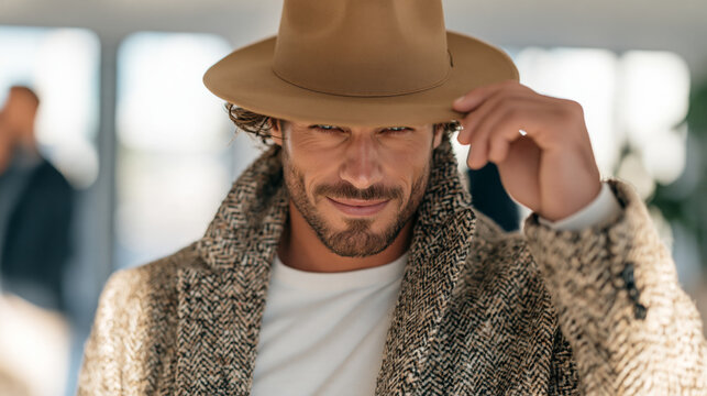 Confident stylish man tipping his hat in a tweed coat for fashionable urban portrait photography